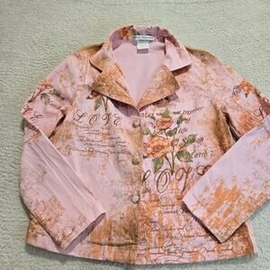 Daniel Benjamin Pink Denim Jacket Floral Print with Sequins Size M Soft Girl